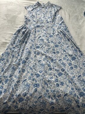 White and Blue Dress with Bird, Butterfly, and Floral Print